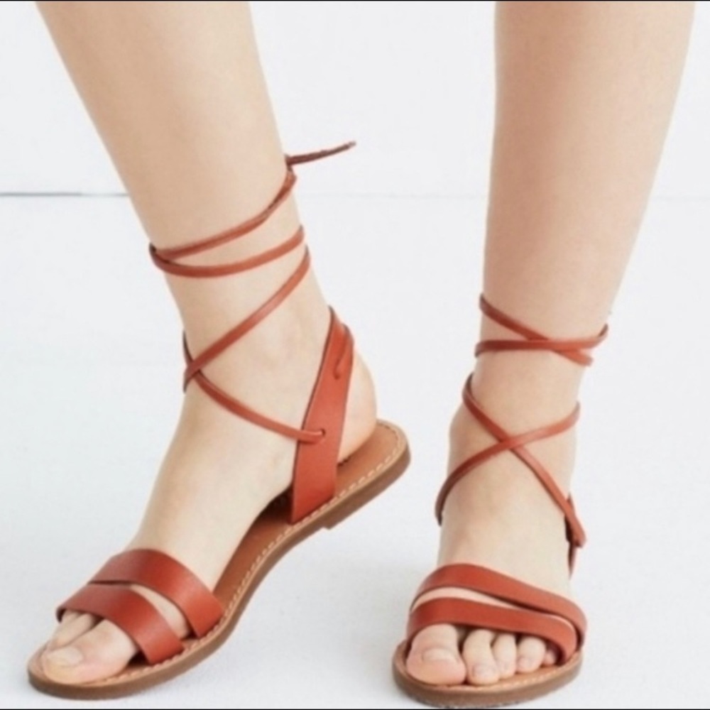 Madewell Boardwalk Ankle Tie Sandals Brown Leather